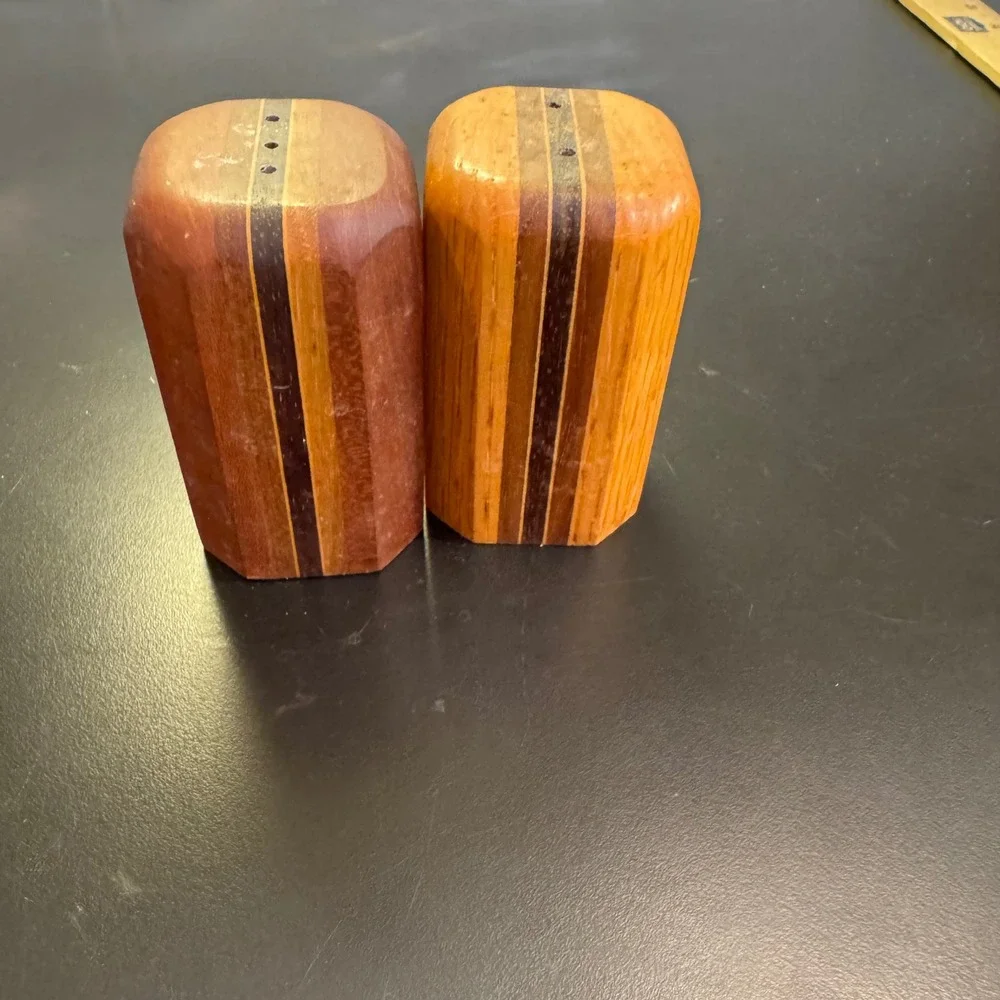 MCM Salt & Pepper Shakers Set Brown Striped Mixed Wood Octagonal